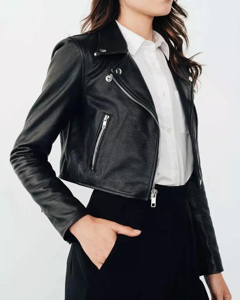 Women Pure Soft Leather Jacket Black Crop Handmade Stylish Biker Motor Casual