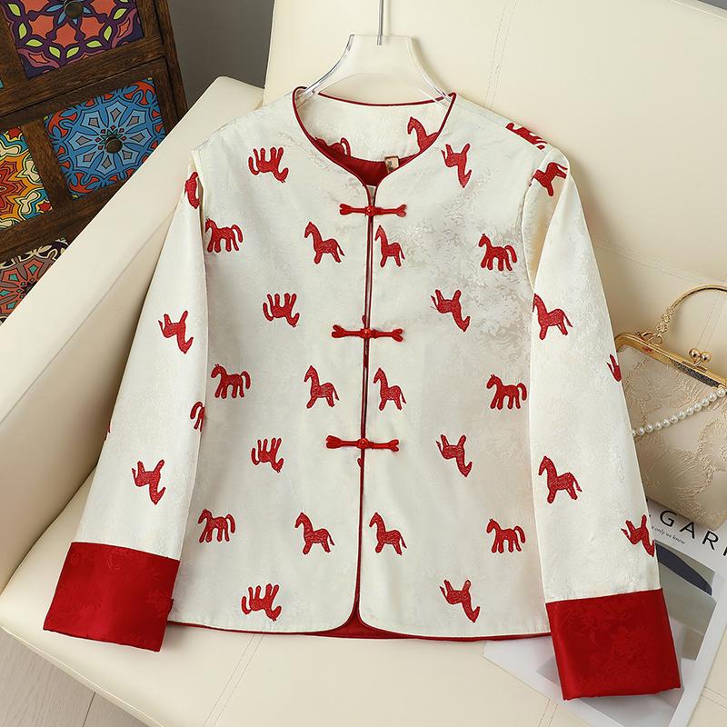 

2026 Spring Women s Red Embroidered Coat - Chinese Style, Long Sleeve, Frog Button, Versatile Retro Top L for 110-120 jin червоний