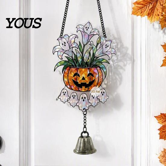 Pumpkin Party Decor Halloween Acrylic Hanging Decoration, Cartoon Ghost Ornament with Double Sided Bell, Suncatcher for Indoor Outdoor Holiday