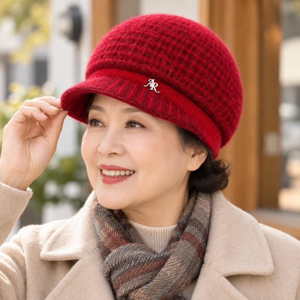 Short Brim Design Knitted Cap Rabbit Fuzz Fabric Fleece Lined Beanie  Mom Daily Accessory