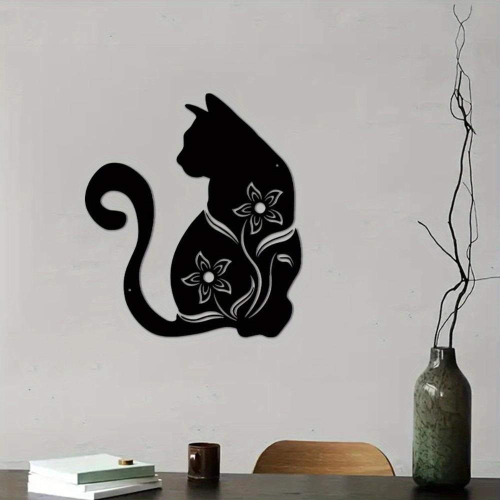 1pc Black Cat Metal Wall Art Floral Accents Home Decor 15.74 Inch for Living Room Bedroom Kitchen Outdoor Cat Decoration