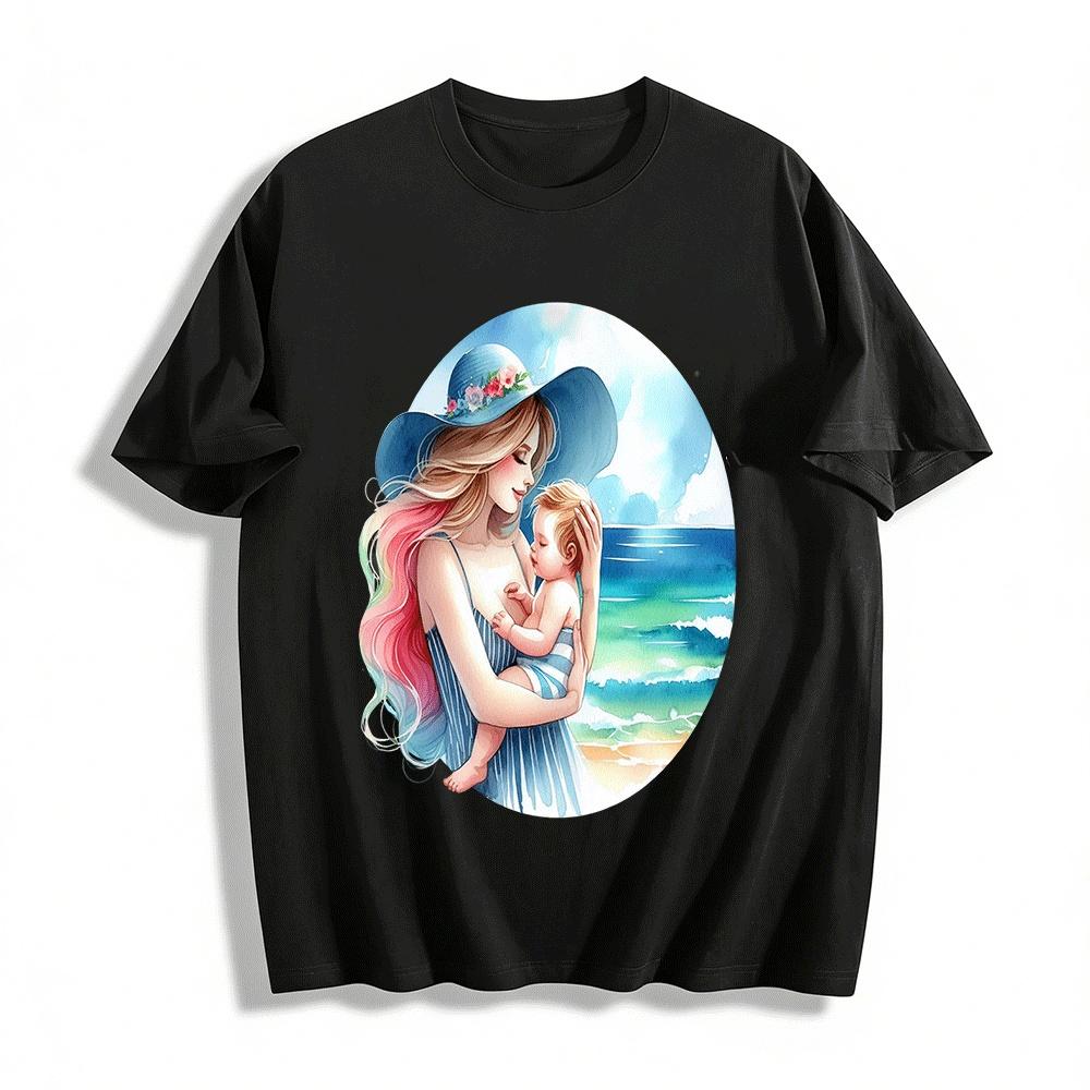 Warm Mother And Baby Beach Hug Print Parent-child Summer Vacation Top Pure cotton T-shirt XXS