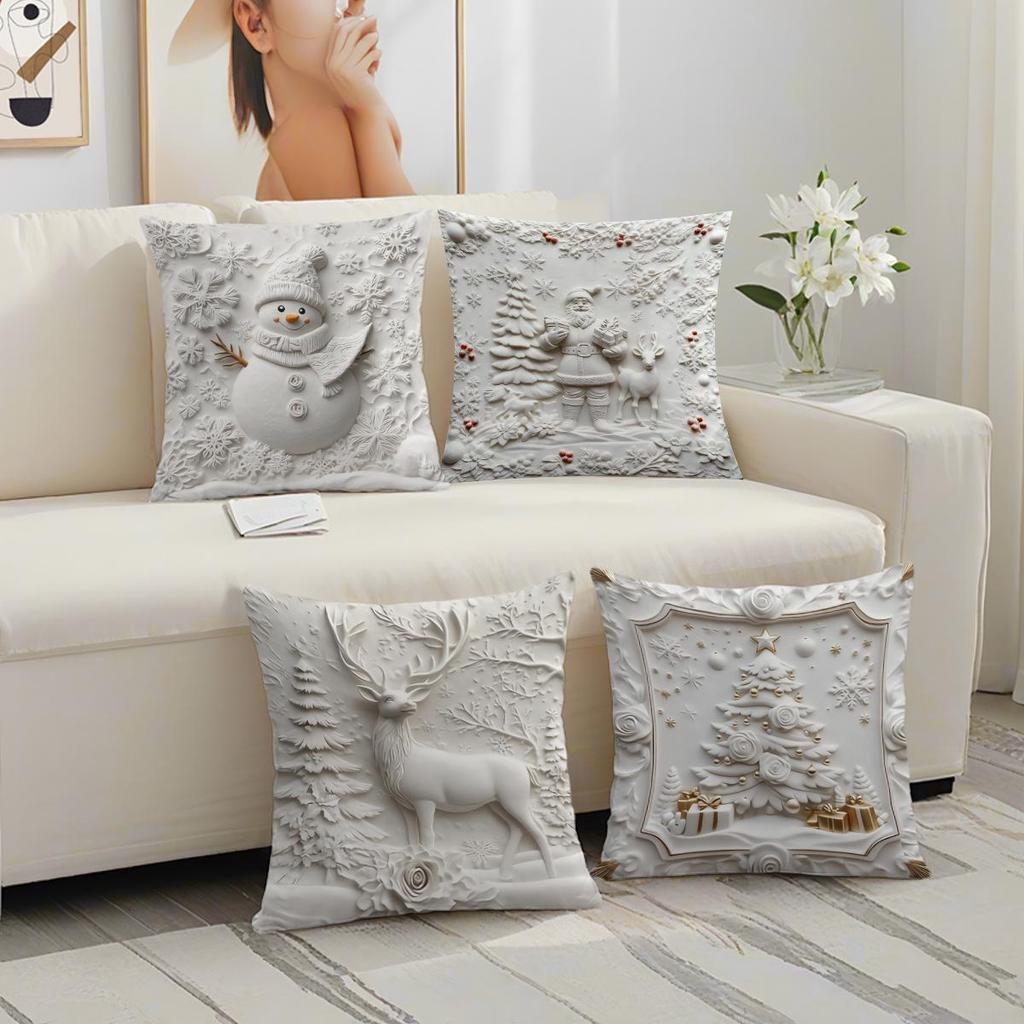 4-teiliges weißes Weihnachtskissenbezug-Set: Muster mit Weihnachtsmann, Schneemann, Baum & Rentier für das Wohnzimmer-Sofa