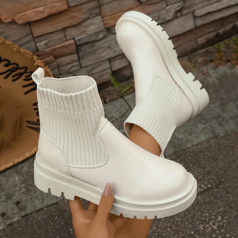 Fashion Women's Slip-On Chunky Platform Boots Knitted Patchwork Pu Leather Thick Sole Boots Woman Comfy Non Slip Chelsea Botas Mujer