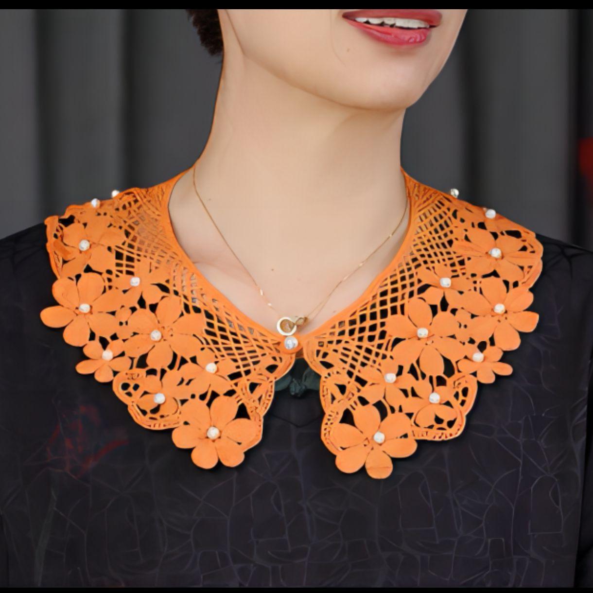 

Мереживна в язана шаль з перламутровою квіткою, універсальна, зі спідницею, сорочкою, накладним коміром, зменшуючий вік, комір для ляльки