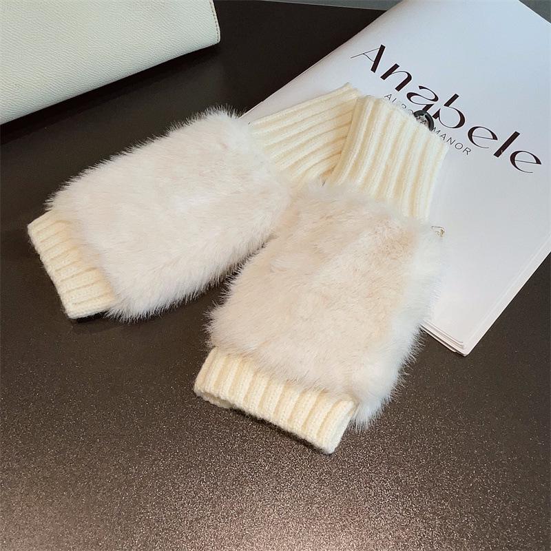 Leopard Print Plush Half-Finger Suede Gloves - Warm, Cute Winter Style for Students