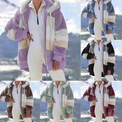 Ladies Winter Hooded Top Loose Long-sleeve Jacket Plush Coat with Zipper