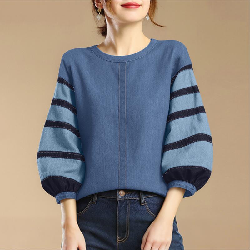 

ZANZEA Женская повседневная блузка с круглым вырезом, полосатой вставкой, рукавом 3/4, свободного кроя 5XL синий