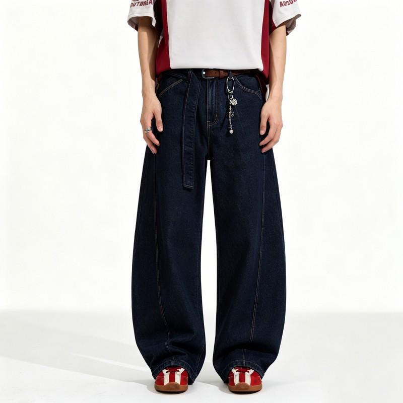 Men Women Straight Cut Denim Pants Deep Blue Washed Cotton Low Rise Casual Trousers