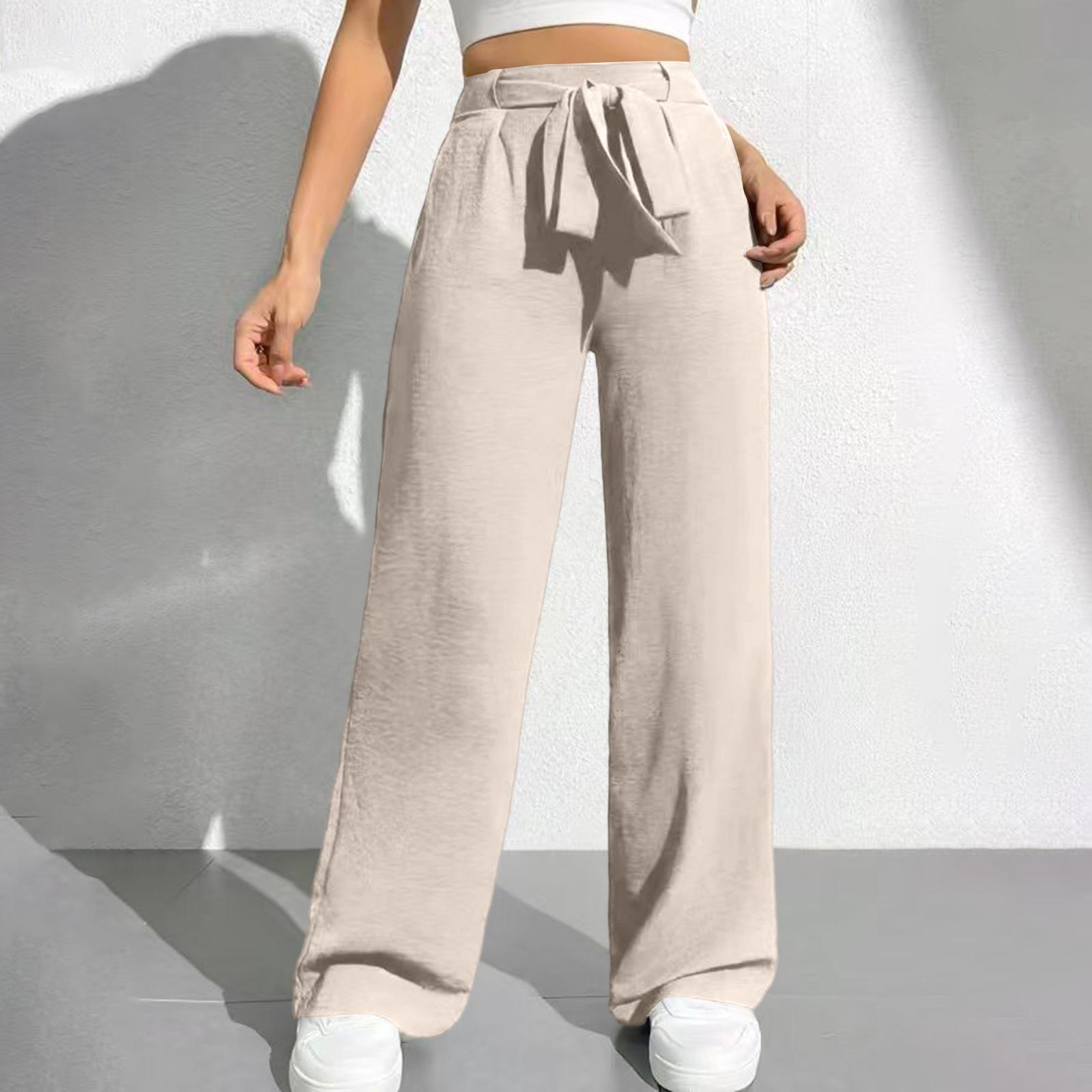 

Женские Свободные Повседневные Брюки Прямые с Высокой Талией, Цветные, с Карманами M бежевый