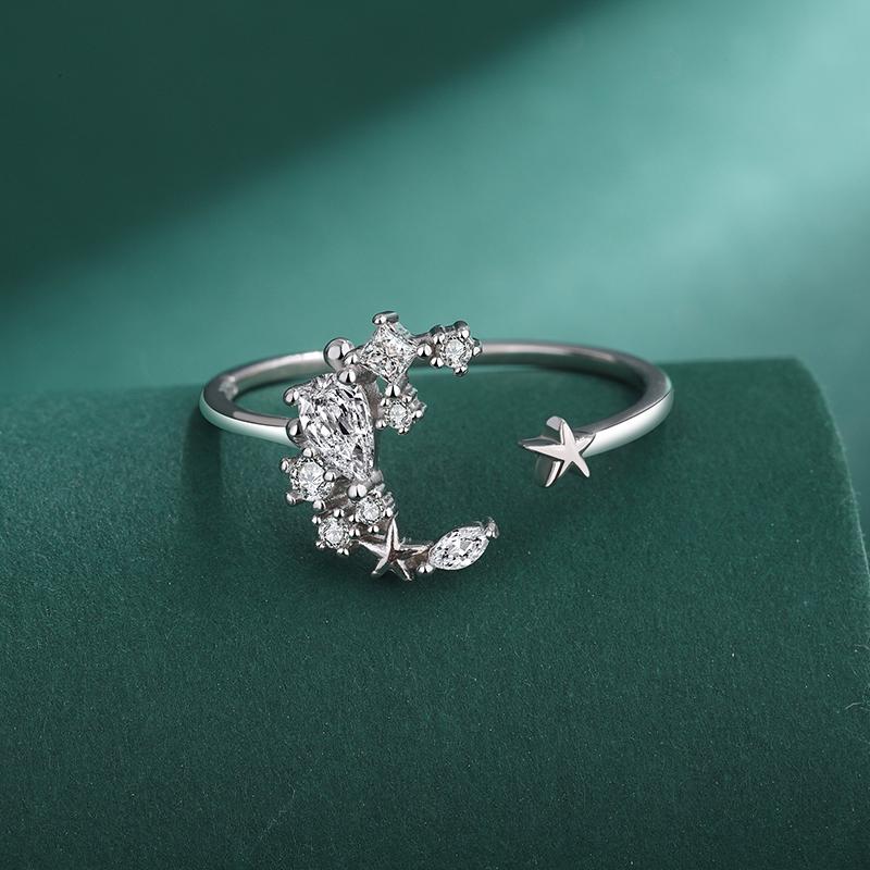 Creative Star Moon Round Full Diamond Couple Ring For Women U Shape Original Genuine Sterling Silver Valentine Day Gift Jewelry