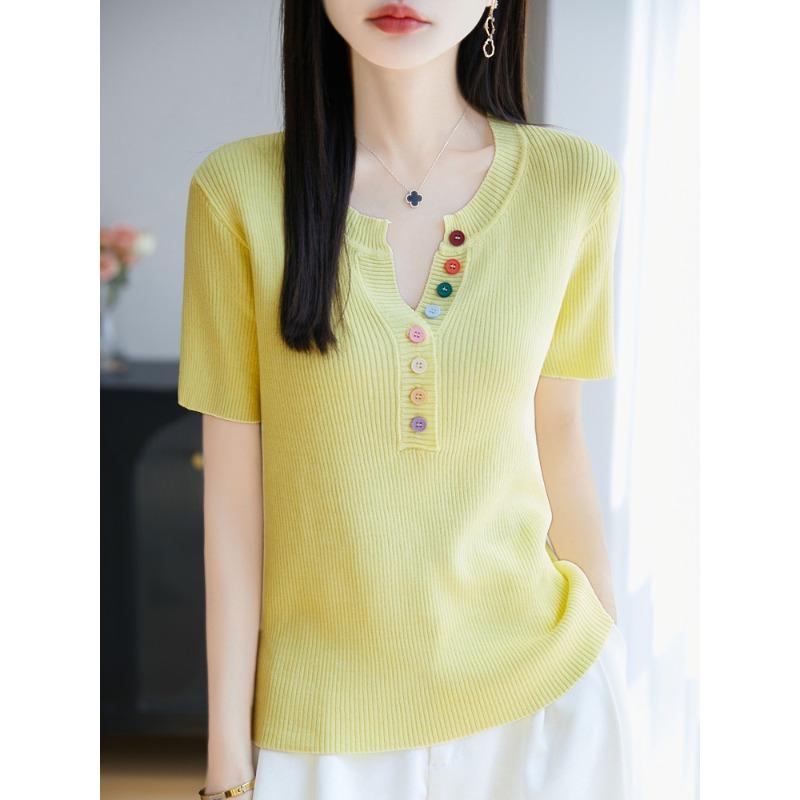 Design-inspired Button-up Knitted Short-sleeved T-shirt for Women, New Style, Summer Lightweight Base Layer