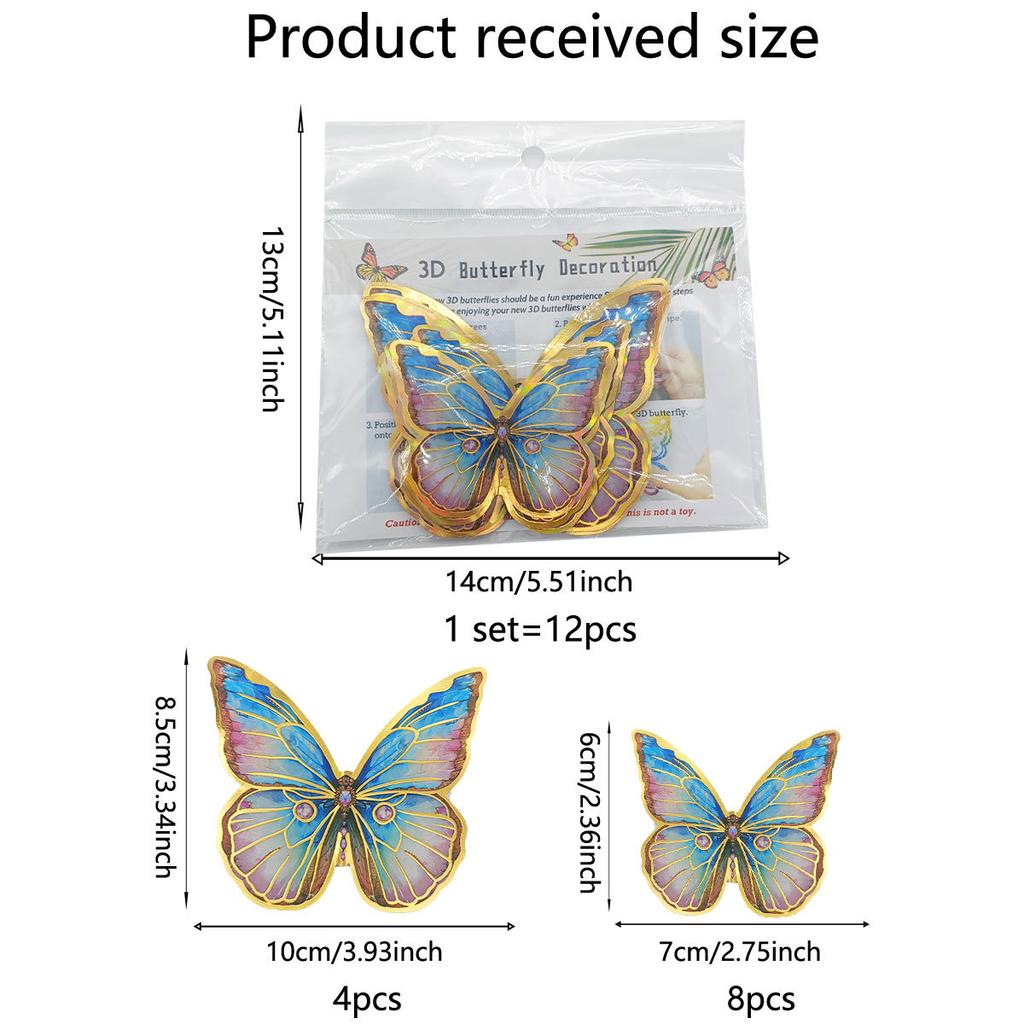 A Set of 12 Gold Edged Hot Stamping 3D Butterfly Wall Stickers, Wedding, Holiday, Birthday Decoration Background Wall Stickers