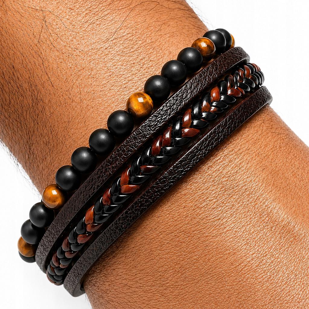 Men' Leather Bracelet with Beads, Bead Bracelet, Brown Titanium