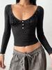 European & American Sweet Polka Dot Puff Sleeve Cropped Top with Button-Up & Round Neck - Slim Fit, Long Sleeve