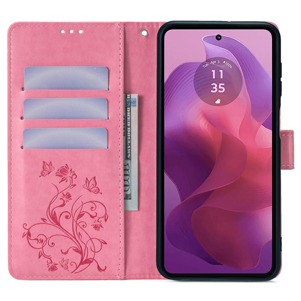 

For Motorola Moto E14 4G/G04 4G/G04s 4G/G24 4G Leather Case Wallet Card Slots Butterfly Flower Phone Cover with Strap Pink