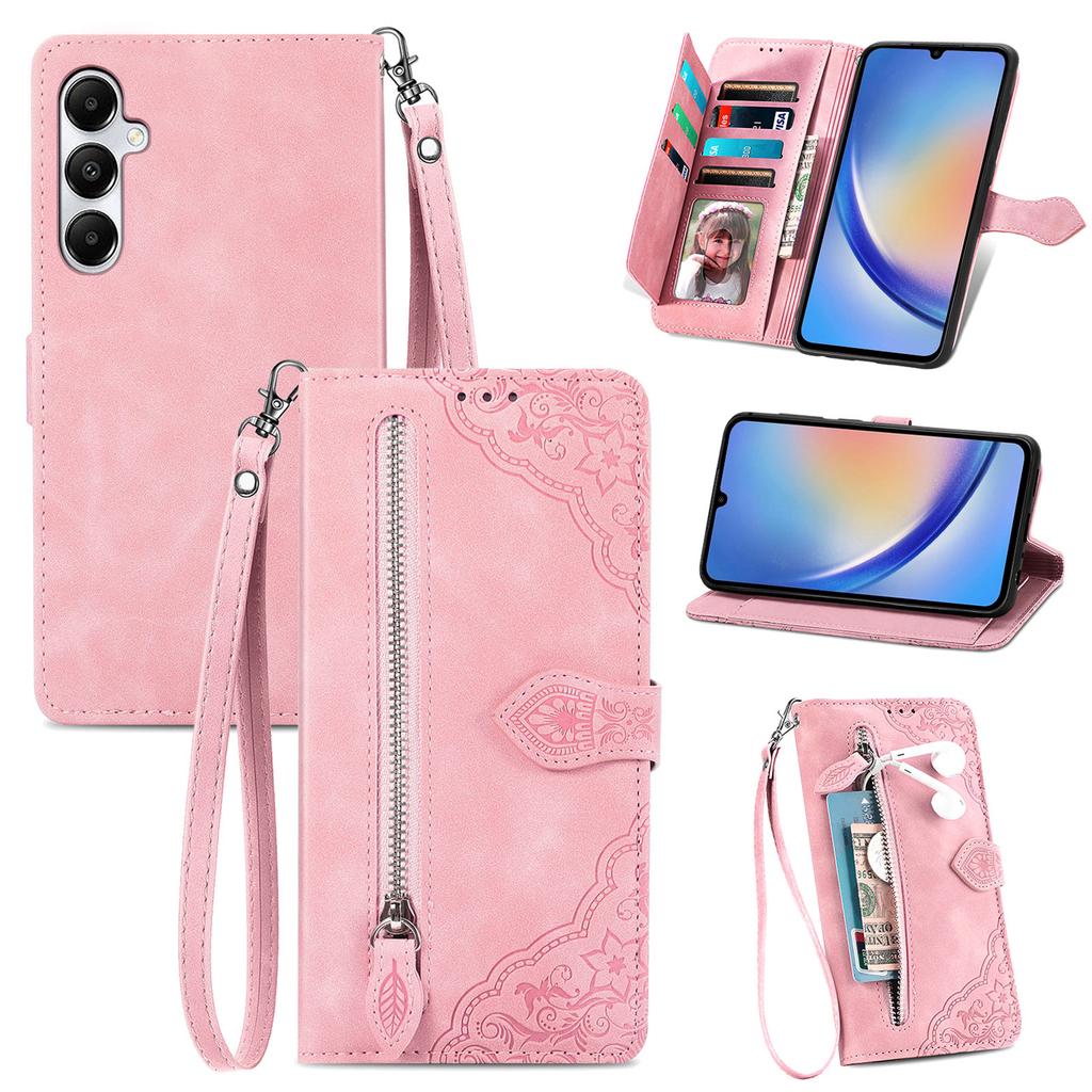 For Samsung Galaxy A15 4G/A15 5G Zipper Wallet Case with Strap Flower Imprint PU Leather Phone Cover