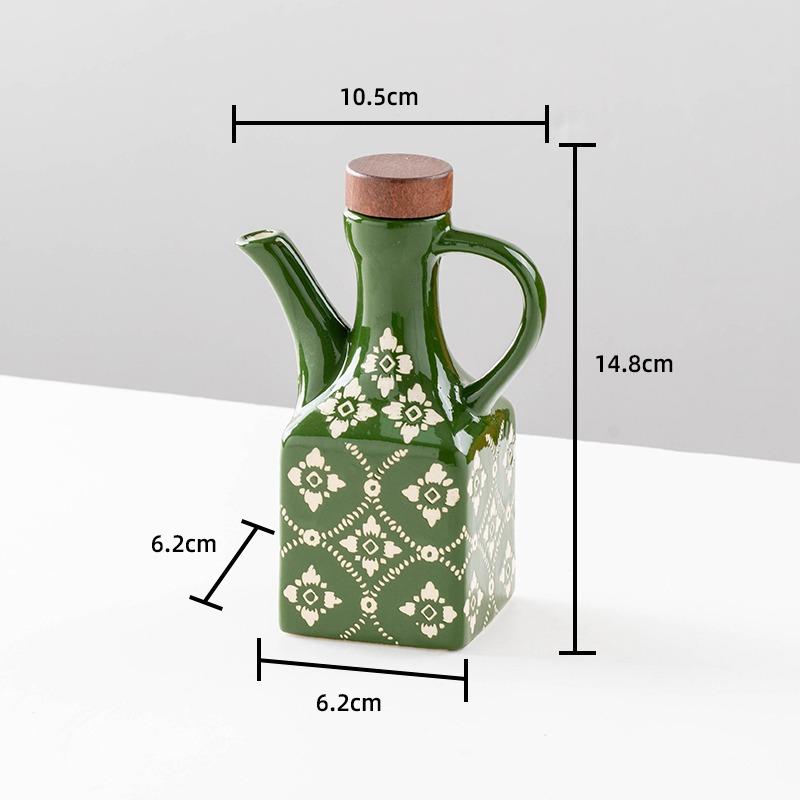 250ML Vintage Square Ceramic Oil Bottle, Japanese Style Floral Soy Sauce Dispenser Cruet with Handle & Wood Lid