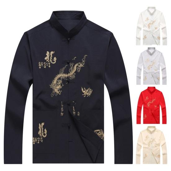 Herrenhemd mittleren Alters im chinesischen Stil mit Drachenmuster, Stehkragen, lange Ärmel, Taschen, einreihiges Tang-Anzugoberteil