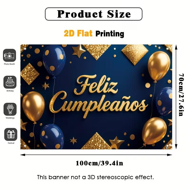2D Navy Blue Gold Feliz Cumpleaños Backdrop Adult Birthday Photo Booth