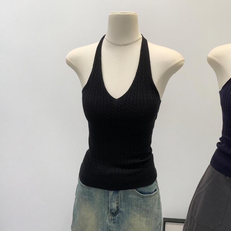 Pure Desire V-Neck Halter Knit Camisole - Slim Fit Open Back Summer Top for Women