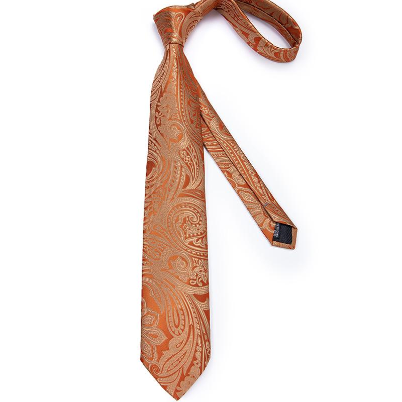Dibangu Ties for Men Orange New Design Silk Tie Mens Necktie Hanky Cufflink Alloy Ring and Tie Tack Pin Set for Formal Party