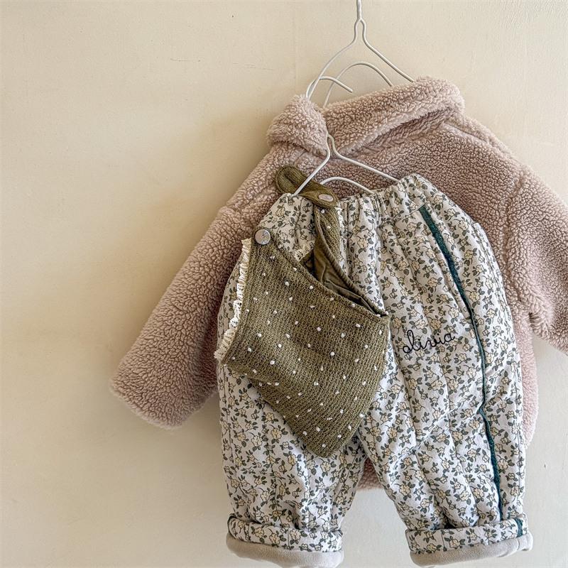 Winter Children Printed Embroidery Thicken Pants Korean Style Baby Girls Casual Warm Cotton-padded Trousers