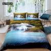 3D Waterfall Duvet Cover Set King Size Microfiber Botanical Floral Trees Pattern Bedding Set Purple Dream Theme Comforter Cover