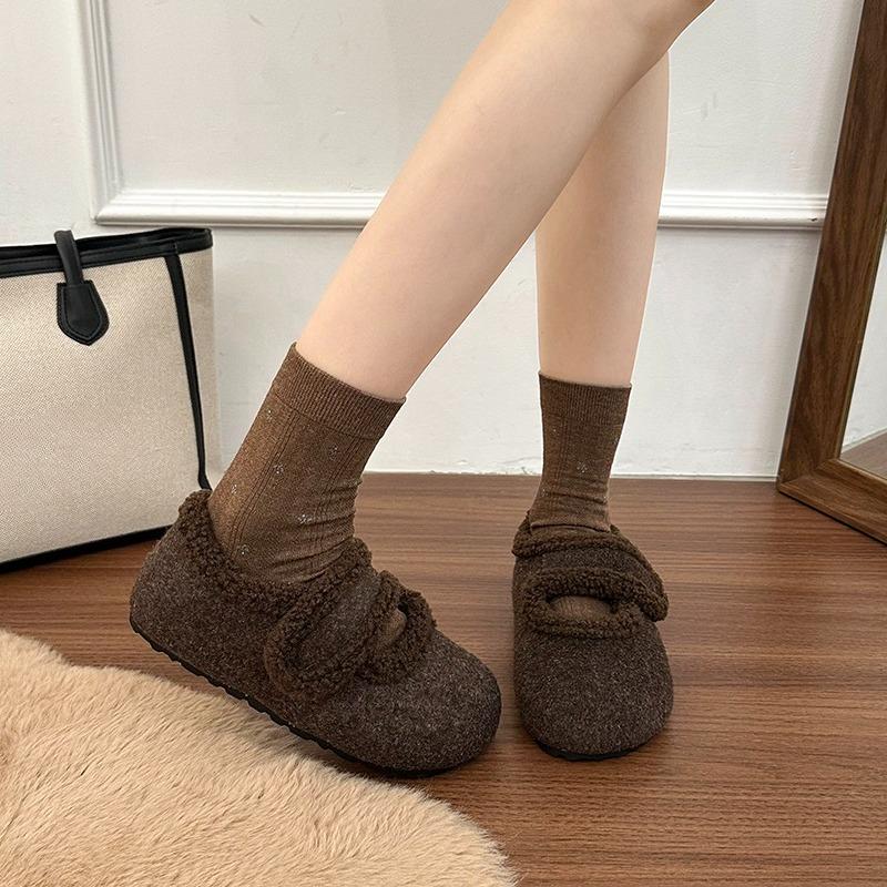 Fleece Lined Women Mary Jane Shoes Comfort Round Toe Soft Sole Shoes Outdoor Warm Autumn Winter Ladies Flats Shoes