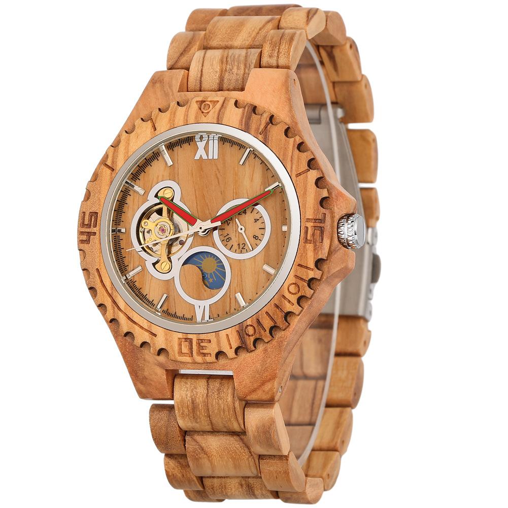 

Мужские полностью автоматические деревянные механические часы с турбийоном, 24-часовым циферблатом с фазами Луны, часы для отдыха и бизнеса светло-коричневого