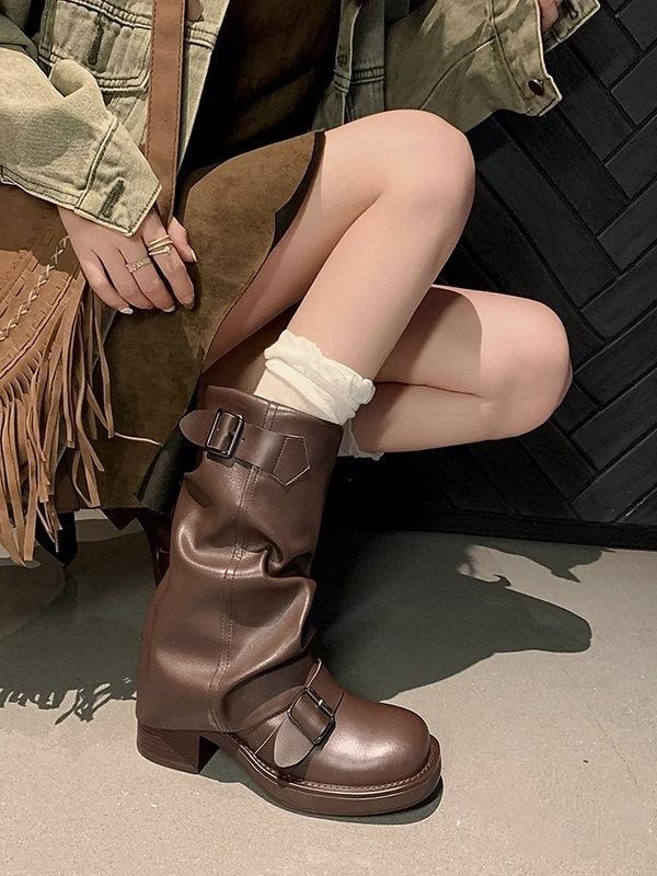 Cowhide version~ 2025 new western cowboy boots women's pleated stacking boots belt buckle medium tube boots trouser tube knight boots