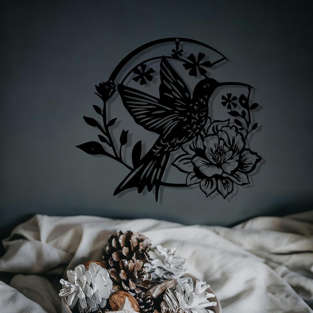 Hummingbird Flowers Metal Wall Art Powder Coated Iron Flying Bird Bloom Sculpture for Nature Lovers Living Room Decor Year Round Holiday Gift Wedding