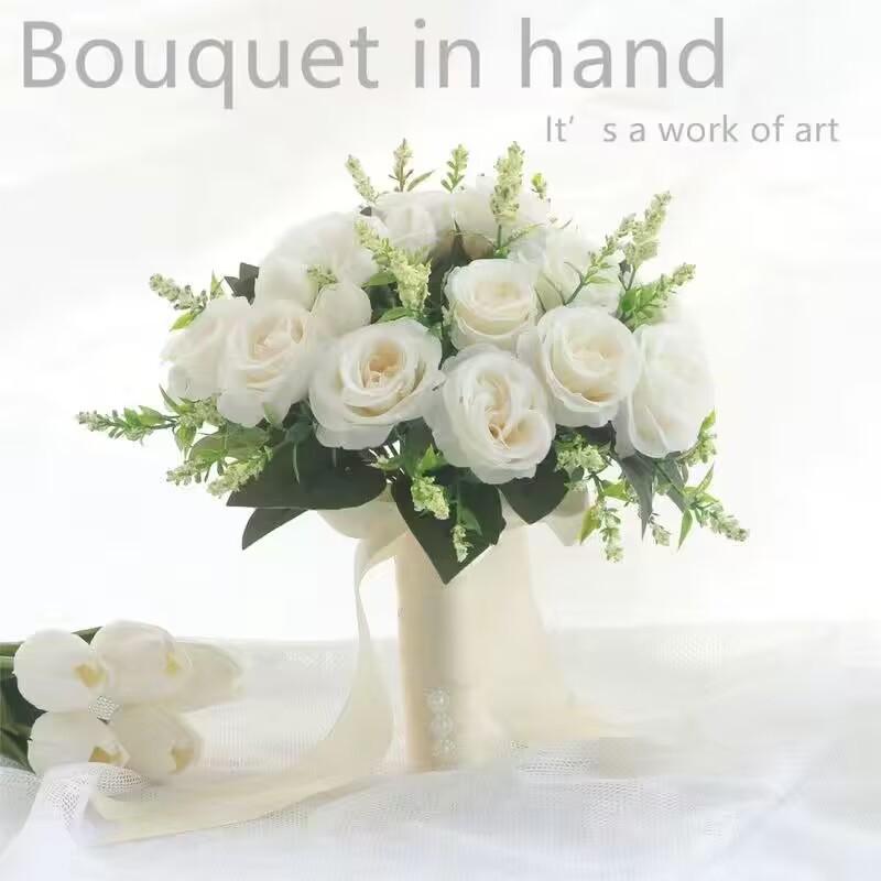 European Style Bridal Bouquet with Small Roses - Pink & White