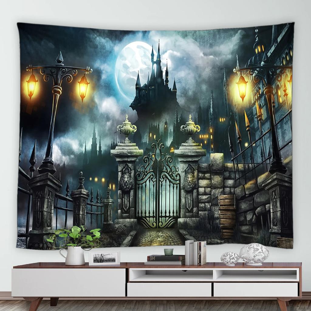 Happy Halloween Tapestry Horror Spooky Castle Pumpkin Wall Hanging Dorm Room Wall Decor Backdrop Fabric Halloween Wall Blanket