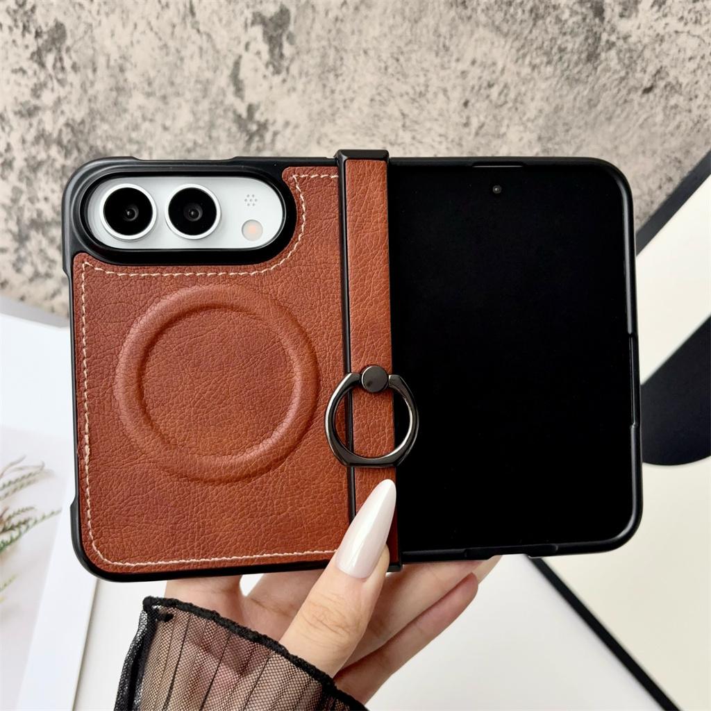 Retro Lychee Leather Texture Ring Holder Magnetic Hinge Protection Phone Case for Apple IPhone Duo 18 Fold Shockproof Cover