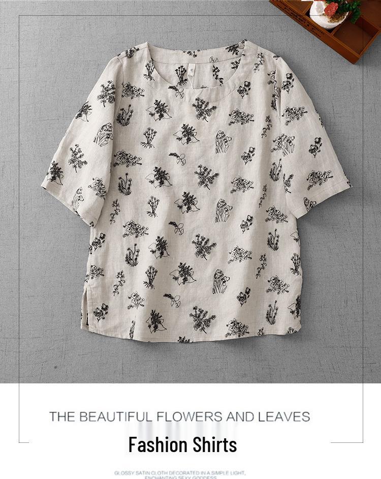 Floral Cotton Linen Mid-Sleeve Round Neck T-Shirt - Artistic Retro Style, Summer 2025 Arrival