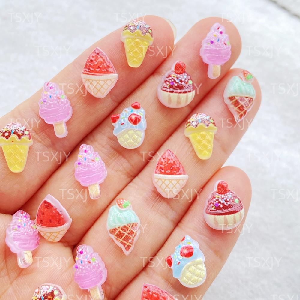 

50Pcs New Mixed Nail Art Cute Cartoon mini colored ice cream Charms Rhinestones DIY Craft For Nail 3D Decorations