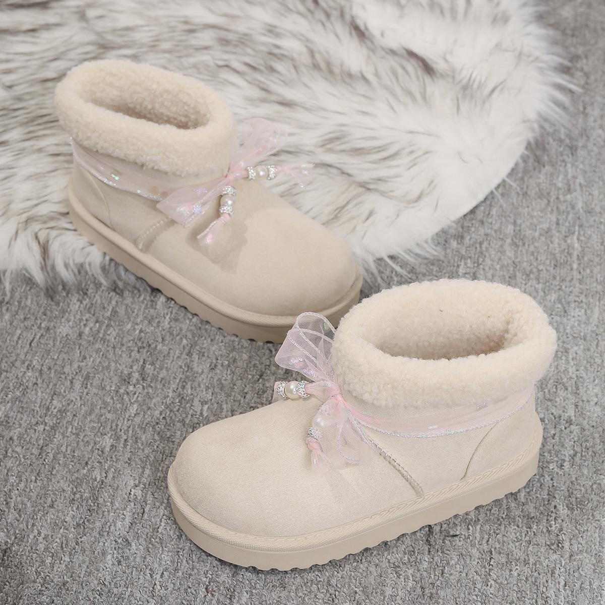 

Fashion Bowtie Pearl Decor Winter Warm Ankle Boots Women Comfort Thick Sole Platform Casual Shoes Cotton Padded Thicken Plush Snow Boots 36