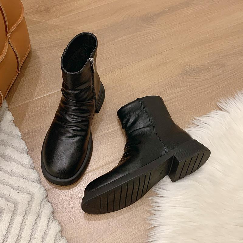 Korean version pleated elastic soft leather Martin boots women's thick-soled versatile single boots non-slip rear zipper thin short boots