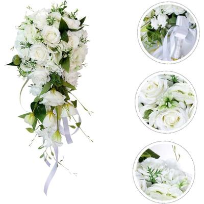 Artificial Flower Holding Flower Wedding Bouquet for Bride Waterfall Design White Simulation Flower Bouquet