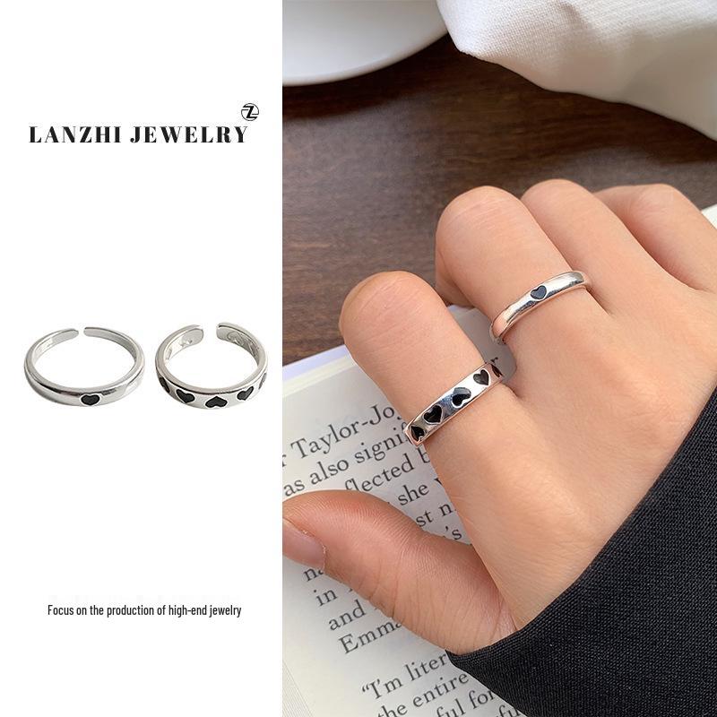 Lan Zhi 925 Sterling Silver Women's Enamel Heart Ring, Korean Simple Versatile Non-Fading Design