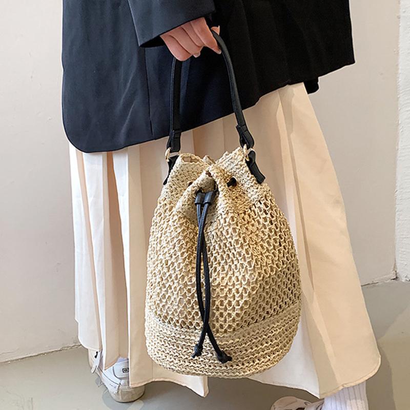 Yaz Örgülü Hasır Kova Çanta Kadınlar Için Basit İpli Plaj Omuz Crossbody Çanta