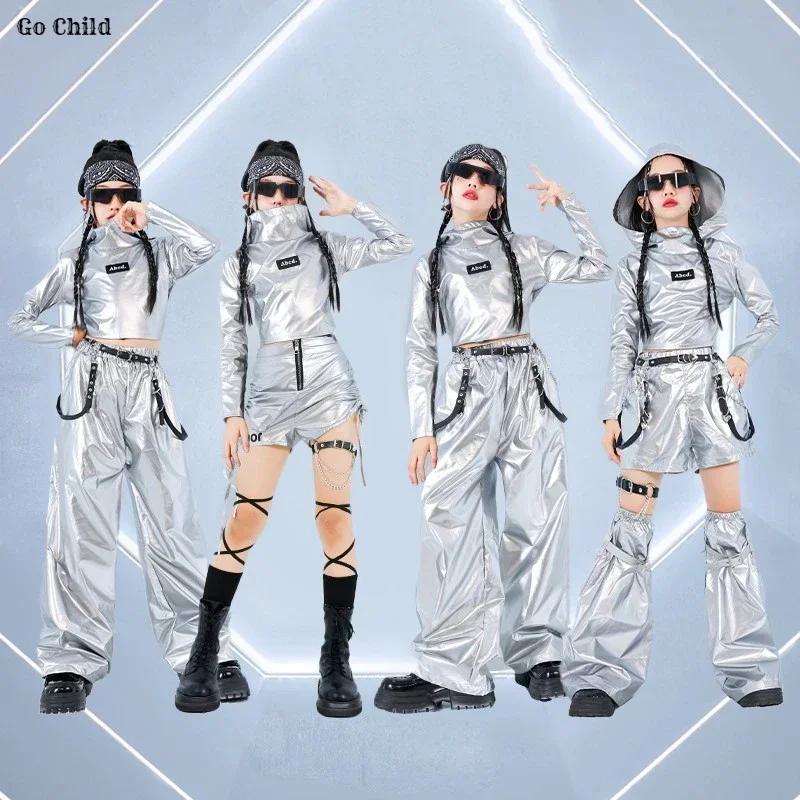 Girls K-pop Silver Crop Hoodies Shiny Cargo Pants Street Dance Shorts Kids Hip Hop Streetwear Children Jazz Hi Tech Clothes Sets
