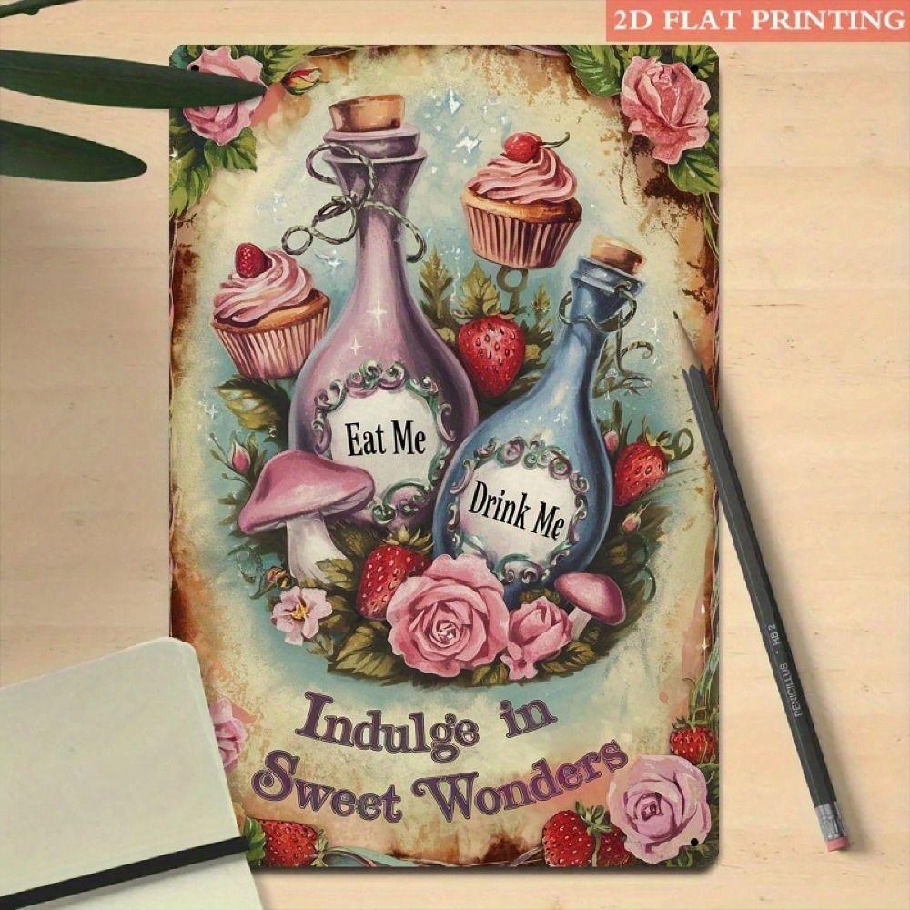 

Sweet Wonderland Cupcake Potion Metal Sign, Vintage Floral Iron Wall Art 8x12inch, 3D Visual Effect 2D Flat Printing for Kitchen