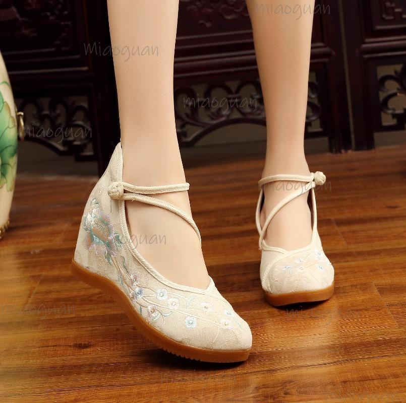 Fashion Chinese Style Women's Woven Shoes Embroidered Flower Women Wedge Pumps High Top Hidden Heel Ankle Strap Casual Canvas Shoes 41