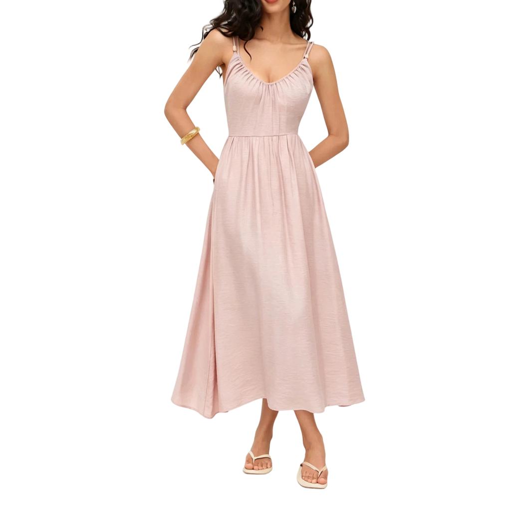 Sleeveless V Neck Maxi Dress with Adjustable Straps Flared Hem Casual Summer Holiday Dress Lightweight Loose Fit Long Dress for Women
