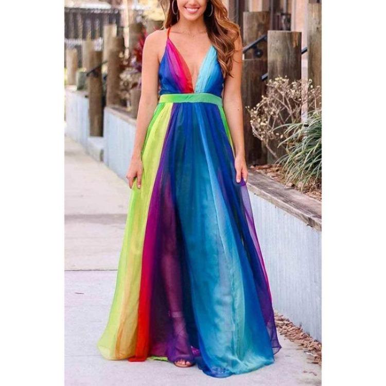 Deep V Halter Summer Casual Long Rainbow Dress Women