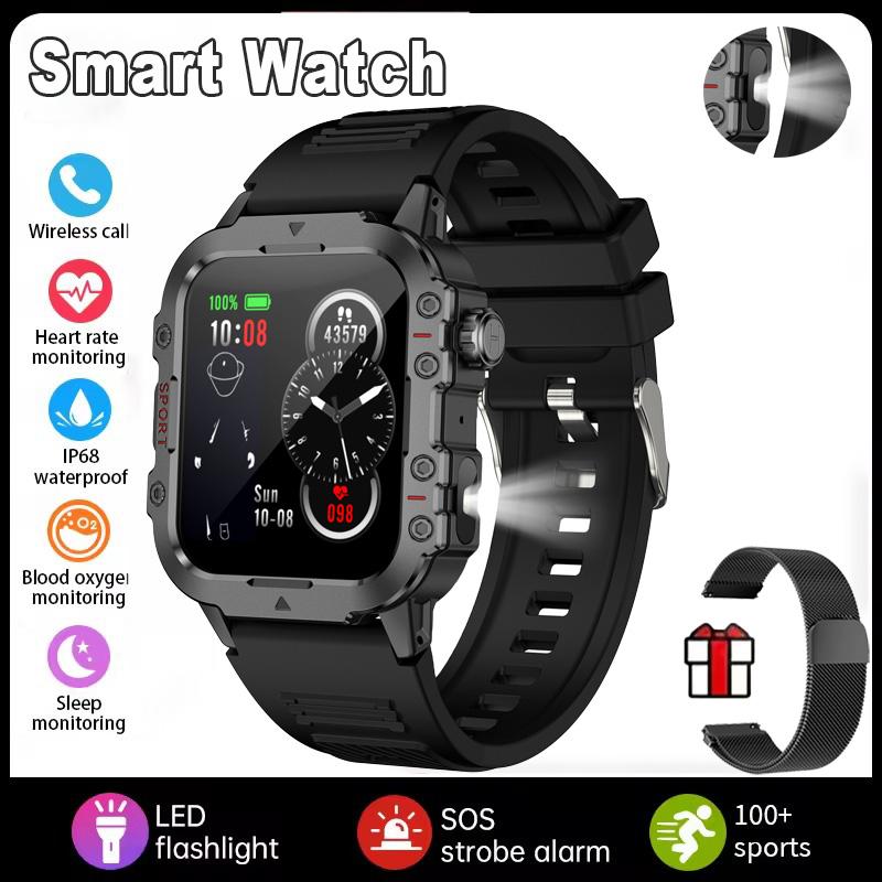 New Outdoors Smart Watch LED Flashlight IP68 WaterProof Multi-Sport Mode Heart Rate Blood Oxygen Monitoring Men Smartwatch