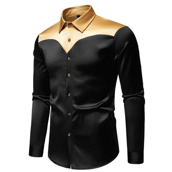 Men Shirt Lapel Long Sleeve Satiny Individual Color-Blocking Design Shirt Tops Buttons Placket Shirt Daily Vacation Street Work Clothes