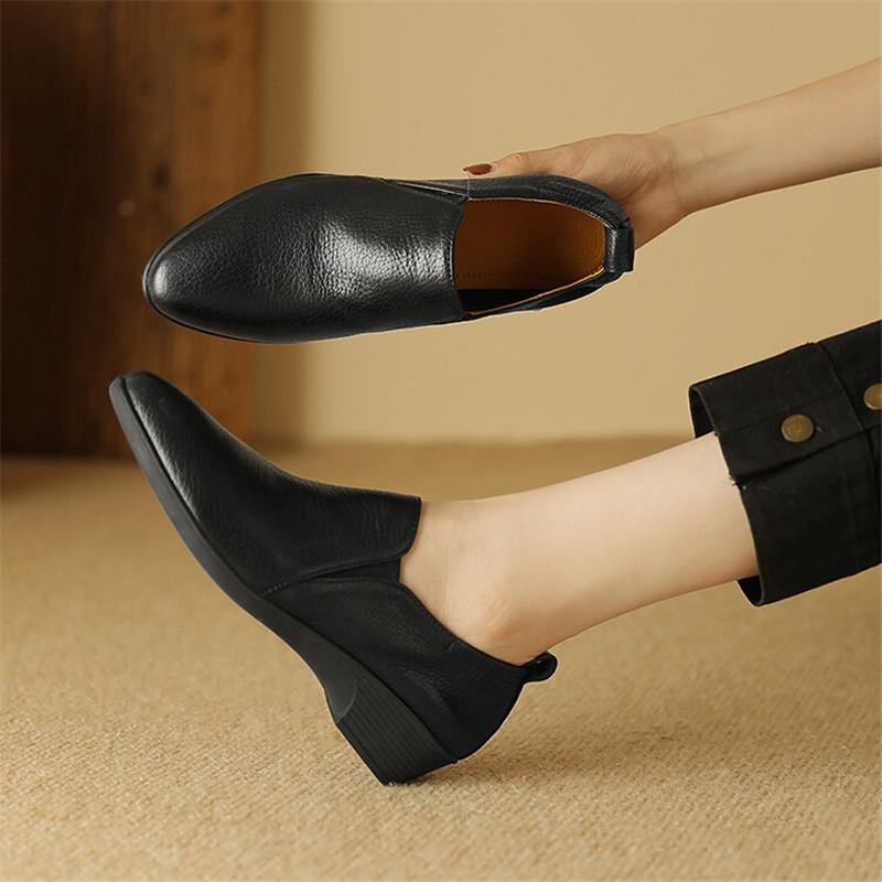 Fashion NEW Spring Autumn Genuine Leather Women Shoes Fashion Loafers Round Toe Wedges Shoes for Women Low Heels Women Pumps Black